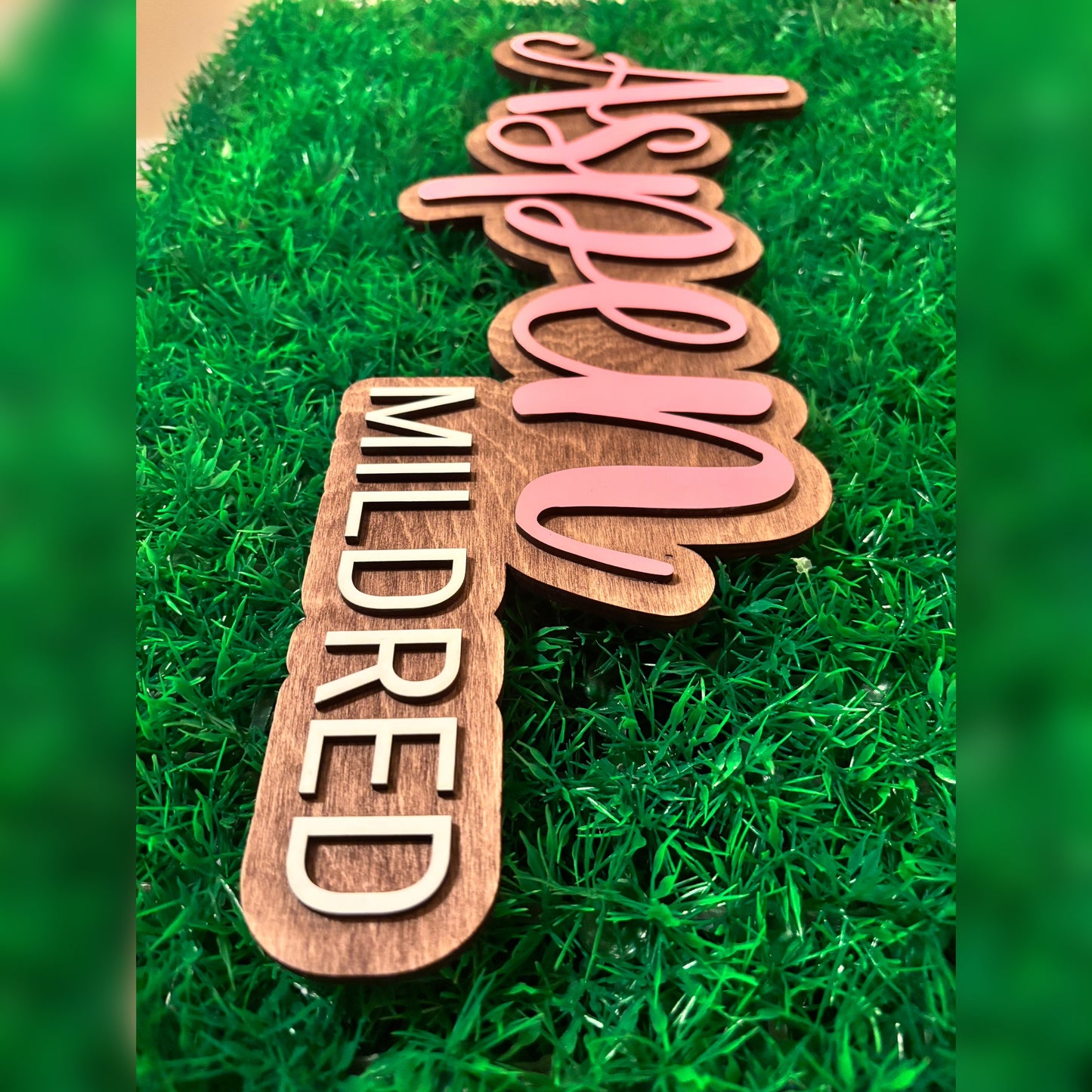 Wooden nameplate with 'Aspen Mildred' on a green grass background
