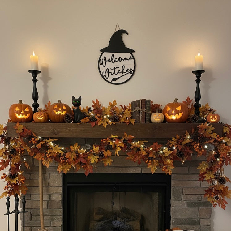 Welcome Witches Sign above a fire place