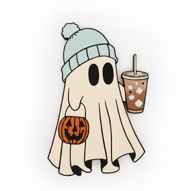 Ghost character with a beanie and pumpkin bag holding a drink on a white background decorative sign