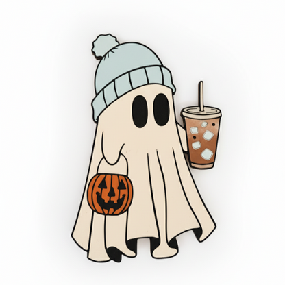 Ghost character with a beanie and pumpkin bag holding a drink on a white background decorative sign
