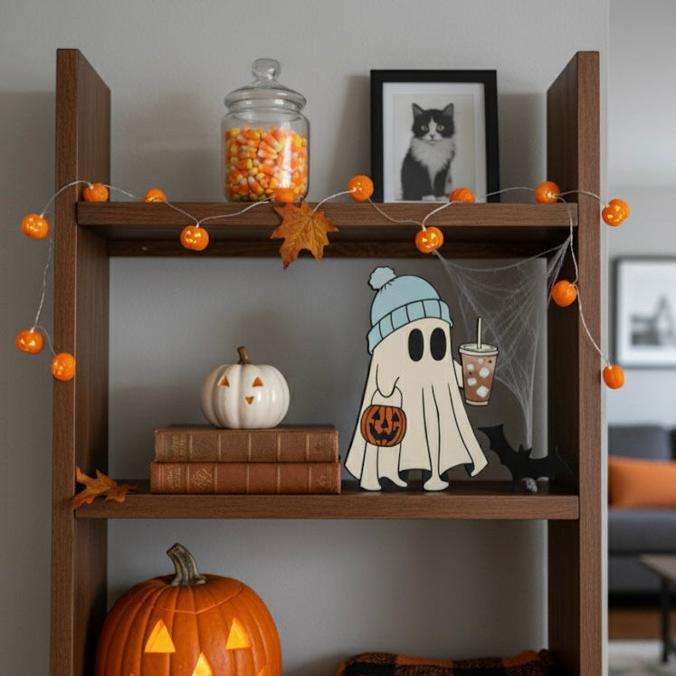 Wooden shelf decorated with Halloween-themed items including a jack-o'-lantern, ghost figurine, and candy jar.
