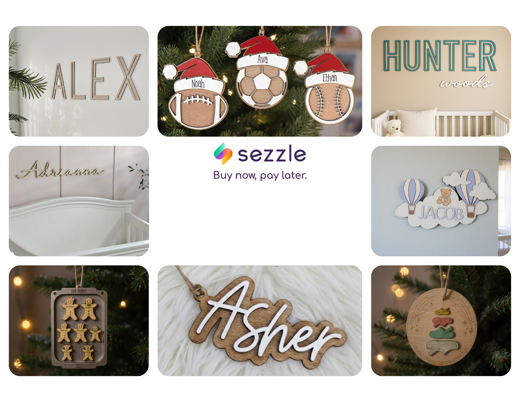 Collage of personalized name plaques and Christmas ornaments with Sezzle logo.