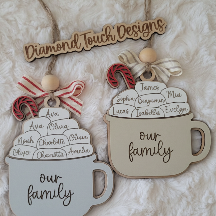 Decorative wooden ornaments with 'our family' text and candy cane designs on a textured surface.